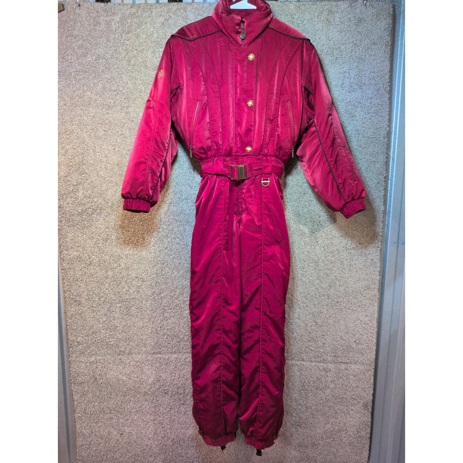 Vintage Descente Womens Magenta Pink One Piece Ski Suit Belted Retro Size 8